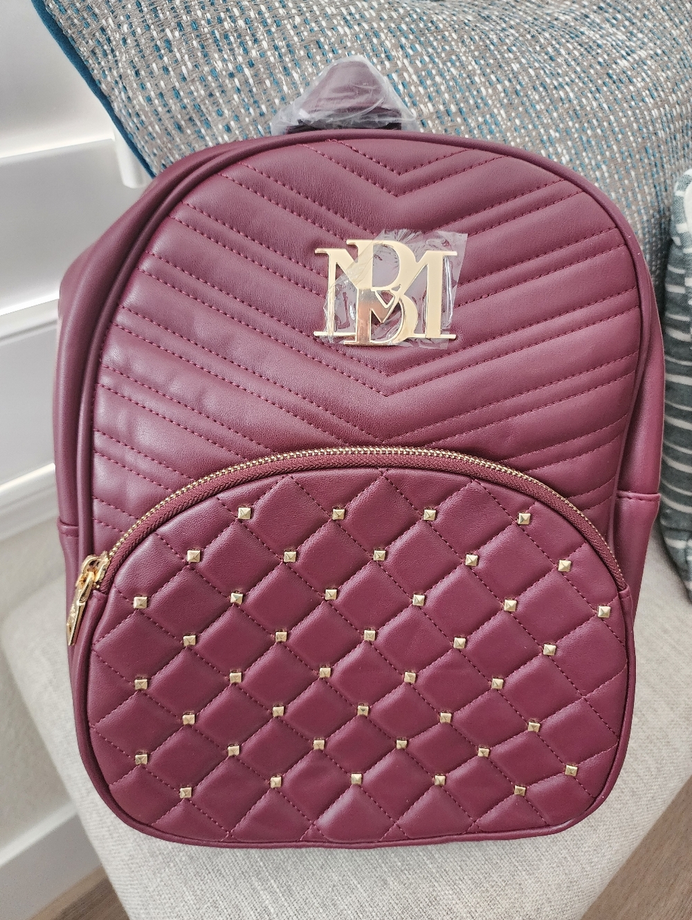 Badgley Mischka Quilted Plum Color Women’s Backpack with Gold Stud Detail NWT